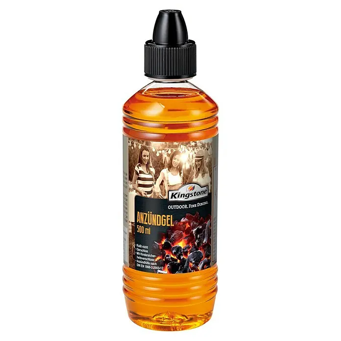 Kingstone Anzündmittel - 500 ml - Eine Flasche Kingstone Anzündgel für Outdoor-Grills, 500 ml, mit sicherem Verschluss und Hinweisen zur Anwendung gemäß DIN EN 1860-3:2003-12.