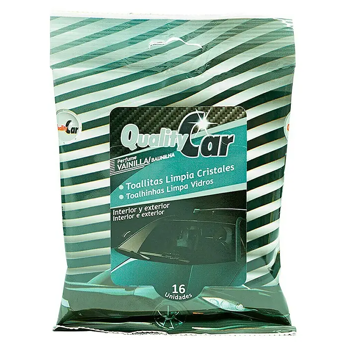 Toallitas limpiacristales QC - 16 ud., Vainilla - Imagen de un paquete de toallitas limpiacristales Quality Car con aroma de vainilla, ideal para la limpieza interior y exterior del coche.