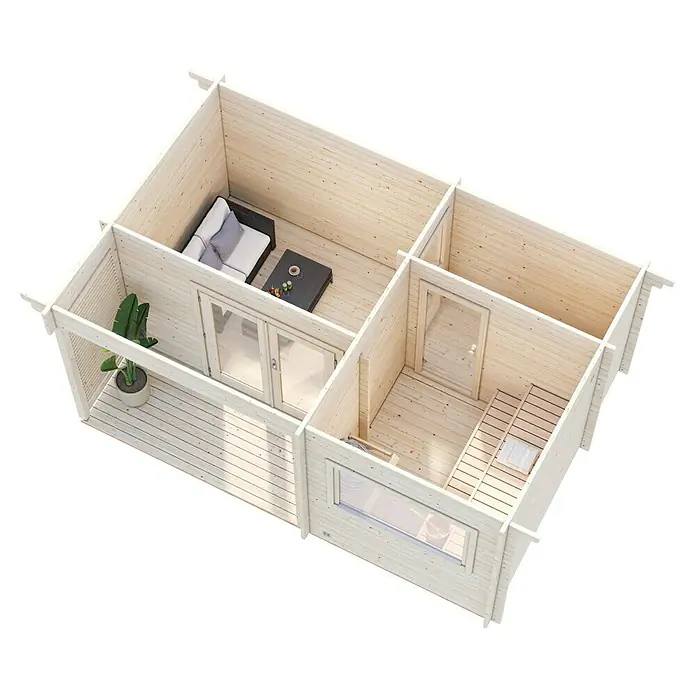 Palmako Saunahaus Sanna - Ohne Ofen, Natur, L x B x H: 377 x 544 x 261 cm - Holzhütte mit Terrasse und Einrichtung, zeigt die Raumaufteilung und das Design des Holzhauses.