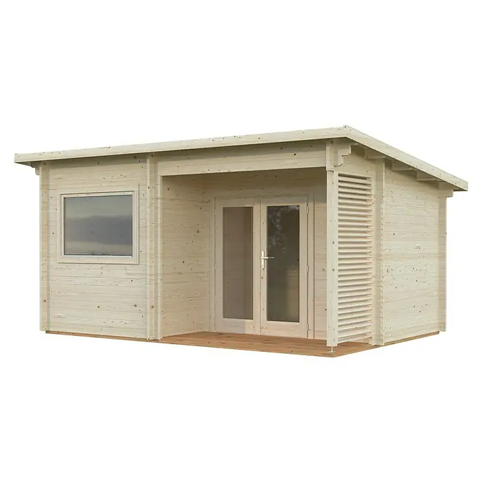 Palmako Saunahaus Sanna - Ohne Ofen, Natur, L x B x H: 377 x 544 x 261 cm - Ansicht eines hellen Holz-Gartenhauses mit Doppeltür, Fenster und Lamellenwand unter einem schützenden Vordach.
