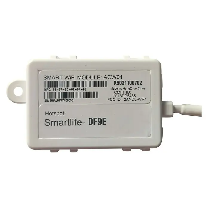 HTW Módulo USB WiFi para IX80 y Vela de 9K y 12K - IX80 y Vela de 9K y 12K, Blanco - El módulo Smart WiFi ACW01 con dirección MAC, número de serie y nombre de punto de acceso, fabricado en Hangzhou, China.