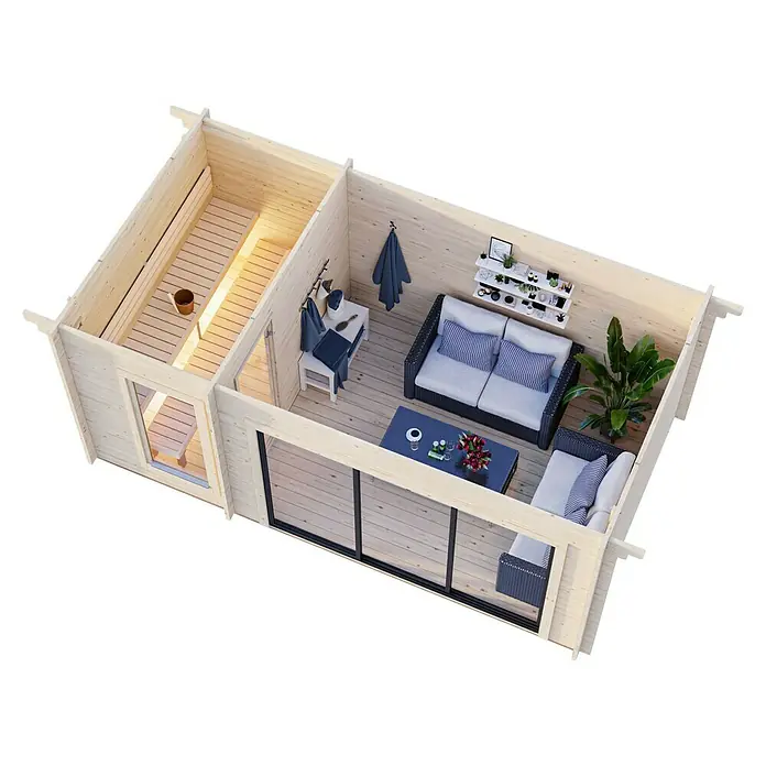 Palmako Saunahaus Sanna - Ohne Ofen, Natur, L x B x H: 329 x 564 x 239 cm - Innenansicht einer stilvollen Gartensauna mit Entspannungsbereich, der zum Verweilen einlädt. Das perfekte Wellness-Erlebnis für Zuhause.