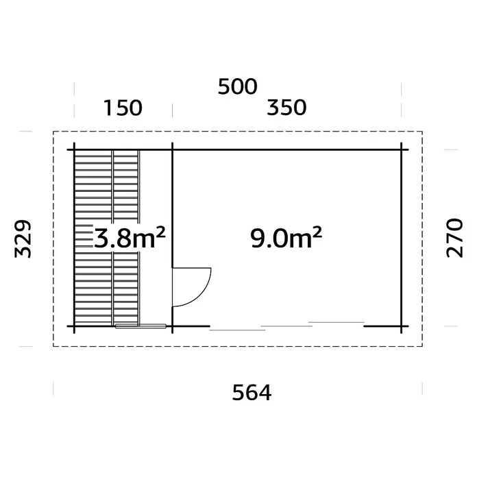 Palmako Saunahaus Sanna - Ohne Ofen, Natur, L x B x H: 329 x 564 x 239 cm - Grundriss eines kleinen Hauses mit zwei Zimmern und den Flächenangaben 3.8m² und 9.0m². Gesamtabmessungen 564x329.