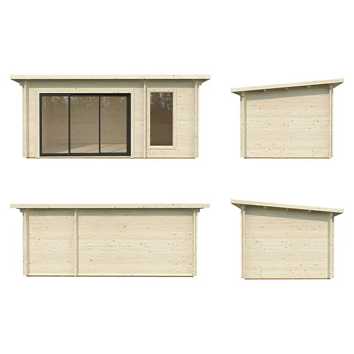 Palmako Saunahaus Sanna - Ohne Ofen, Natur, L x B x H: 329 x 564 x 239 cm - Ansichten eines modernen Holzgartenhauses mit Schiebetüren und Pultdach, ideal für den Garten.