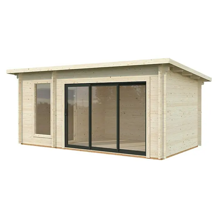 Palmako Saunahaus Sanna - Ohne Ofen, Natur, L x B x H: 329 x 564 x 239 cm - Abbildung eines modernen Gartenhauses aus hellem Holz mit Schiebetüren und Fenster, das viel natürliches Licht hereinlässt.