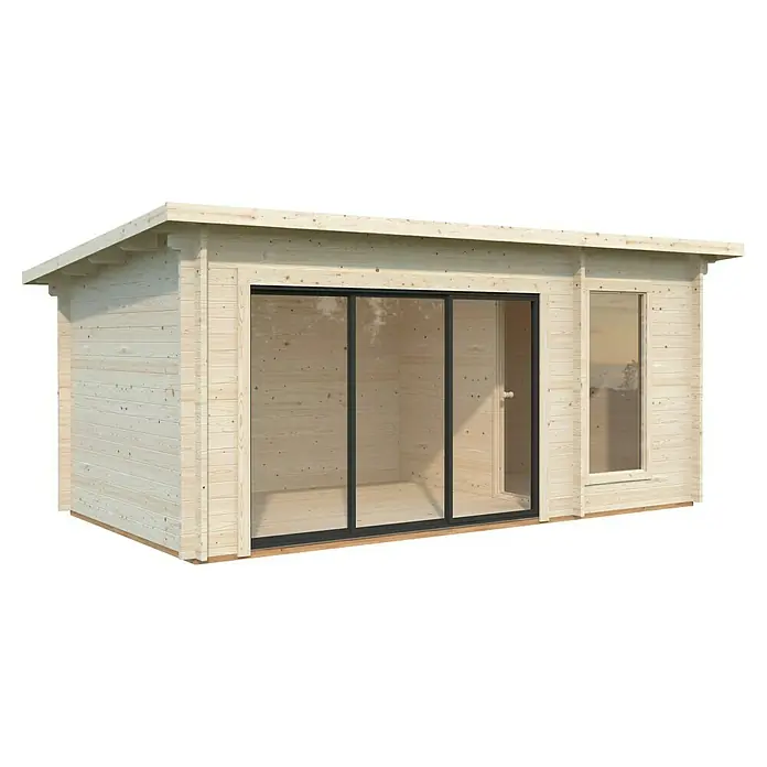 Palmako Saunahaus Sanna - Ohne Ofen, Natur, L x B x H: 329 x 564 x 239 cm - Helle Holzgartenlaube mit großer Glasschiebetür und Fenster, die einen modernen und einladenden Gartenraum schafft.