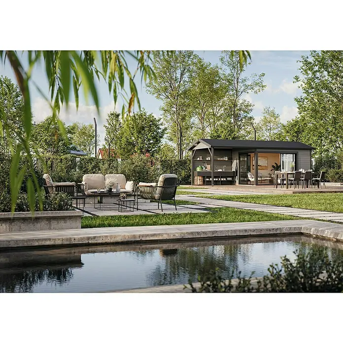 Palmako Gartenhaus Amanda Slide Plus - Außenmaß inkl. Dachüberstand (B x T): 917 x 340 cm, Unbehandeltes Holz, Natur - Stilvolles Gartenhaus mit Outdoor-Küche, Sitzbereich und Teich. Das graue Gartenhaus bietet Komfort im Freien und Stauraum für Gartengeräte.