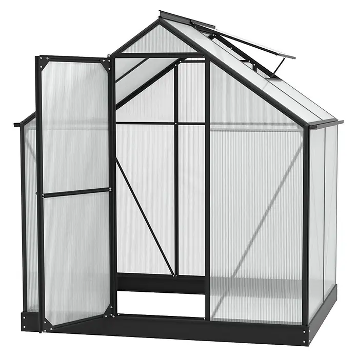 Vitavia Gewächshaus Eos 3100 - 6 mm - Abbildung eines Gewächshauses mit geöffneter Tür und Fenstern auf einem schwarzen Hintergrund.
