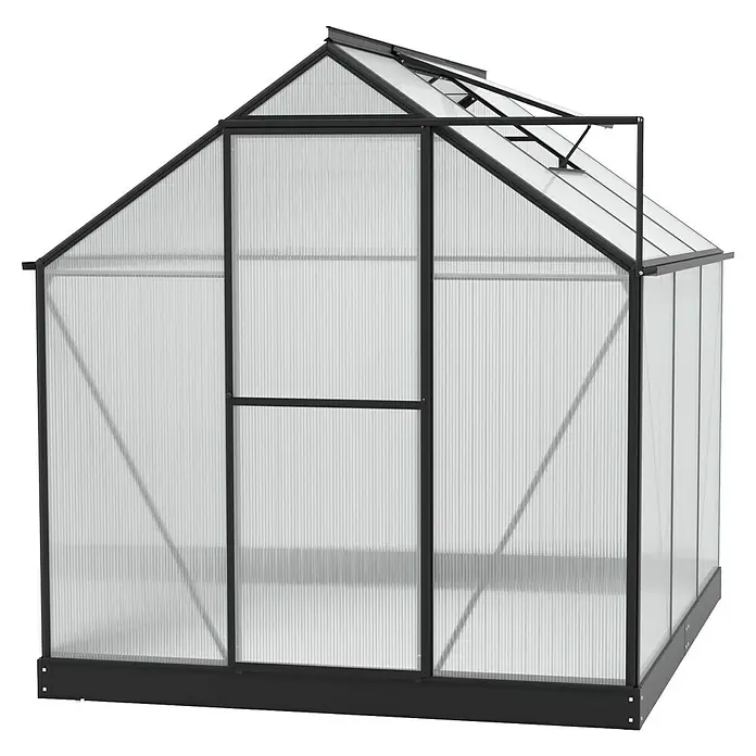 Vitavia Gewächshaus Eos 4600 - 6 mm, Schwarz - Abbildung eines Gewächshauses mit lichtdurchlässigen Wänden und einem schwarzen Rahmen. Ideal für den Garten.