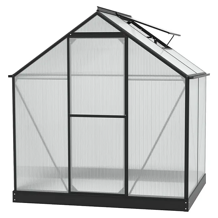 Vitavia Gewächshaus Eos 3100 - 6 mm - Abbildung eines schwarzen Gewächshauses mit durchsichtigen Wänden und einem Dachfenster zur Belüftung. Ideal für Hobbygärtner.