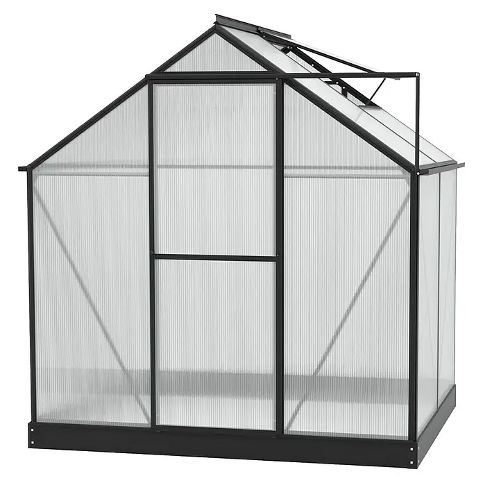 Vitavia Gewächshaus Eos 3100 - 4 mm - Aufnahme eines schwarzen Gewächshauses mit lichtdurchlässigen Wänden vor schwarzem Hintergrund. Ideal für Gartenliebhaber.
