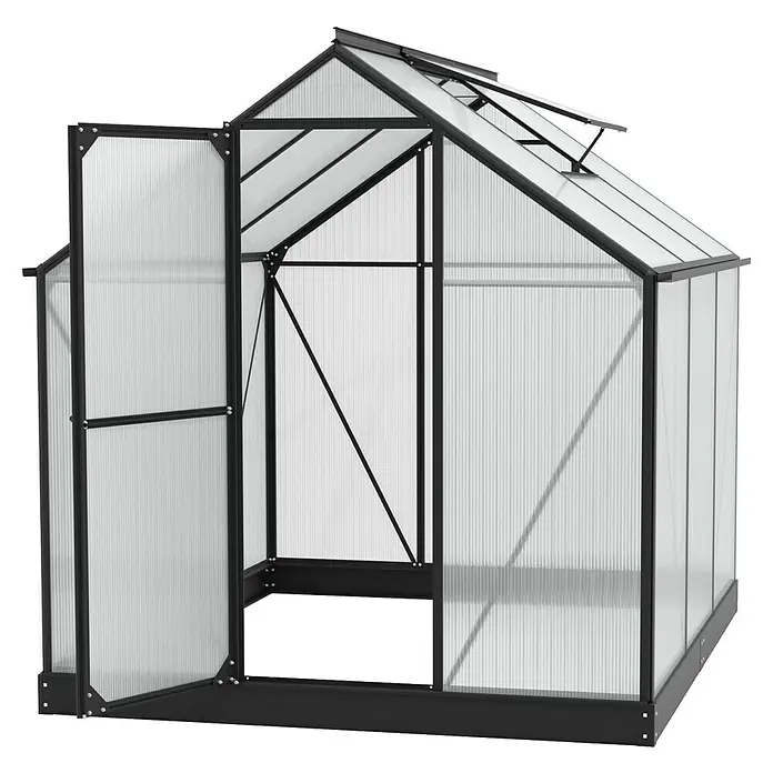 Vitavia Gewächshaus Eos 4600 - 6 mm, Schwarz - Abbildung eines Gewächshauses mit geöffneter Tür. Das Gewächshaus ist aus Aluminium und Polycarbonat gefertigt.