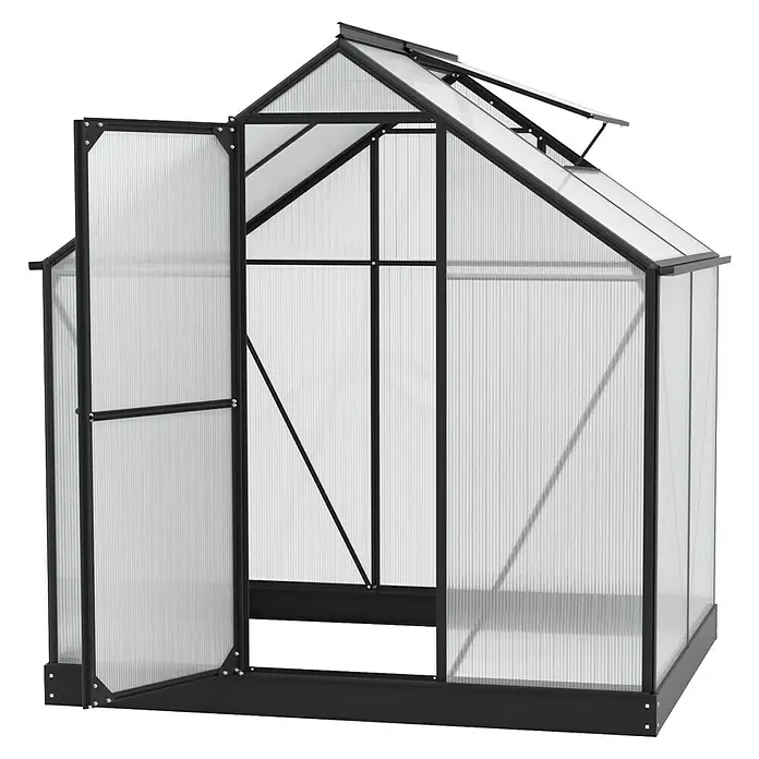 Vitavia Gewächshaus Eos 3100 - 4 mm - Ein Gewächshaus mit geöffneter Tür, ideal für den Garten. Das Gewächshaus ist robust gebaut und bietet viel Platz für Pflanzen.