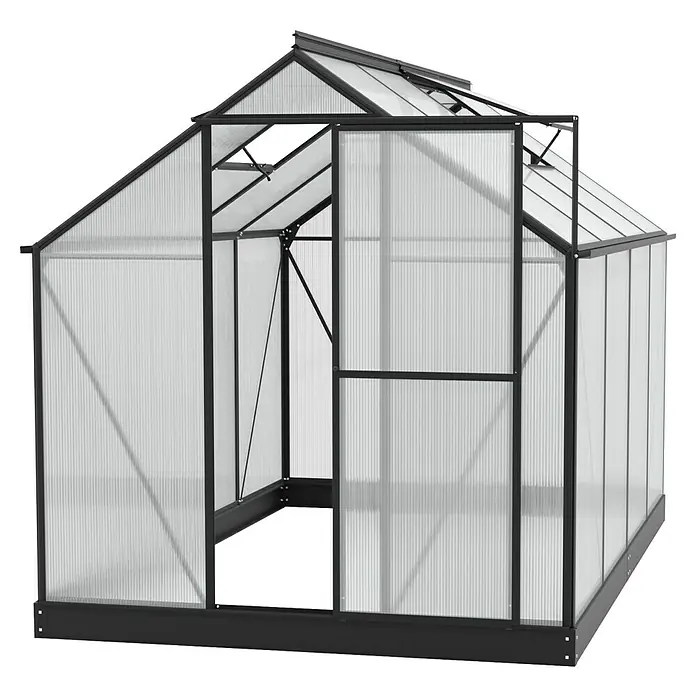 Vitavia Gewächshaus Eos 6000 - 6 mm - Ein geräumiges Gewächshaus mit robustem Rahmen und transparenten Wänden für den Anbau verschiedener Pflanzen und Gemüse.