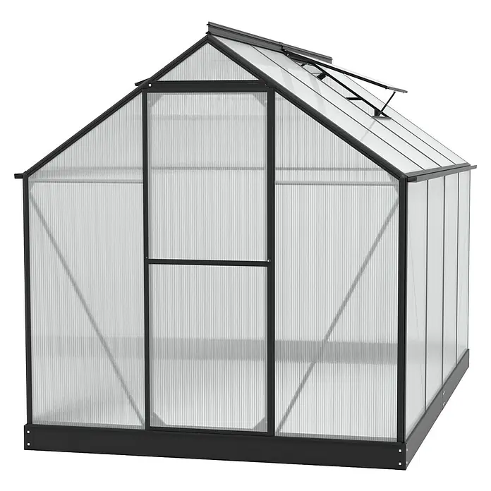 Vitavia Gewächshaus Eos 6000 - 6 mm - Darstellung eines Gewächshauses mit Polycarbonatplatten und einem schwarzen Rahmen. Das Gewächshaus verfügt über eine Tür und ein Dachfenster.