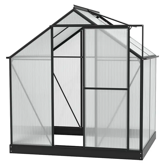 Vitavia Gewächshaus Eos 3100 - 4 mm - Ein geräumiges Gewächshaus mit geöffneter Tür, ideal für Hobbygärtner. Es bietet viel Platz für Pflanzenaufzucht und Gemüseanbau.