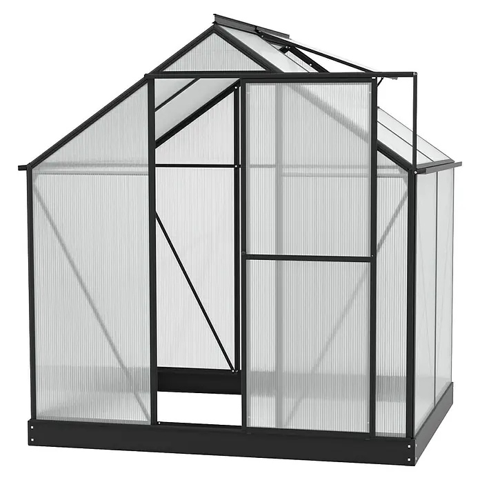 Vitavia Gewächshaus Eos 3100 - 6 mm - Das Bild zeigt ein Gewächshaus mit schwarzem Rahmen und transparenten Paneelen, das für den Anbau von Pflanzen in Ihrem Garten konzipiert ist.