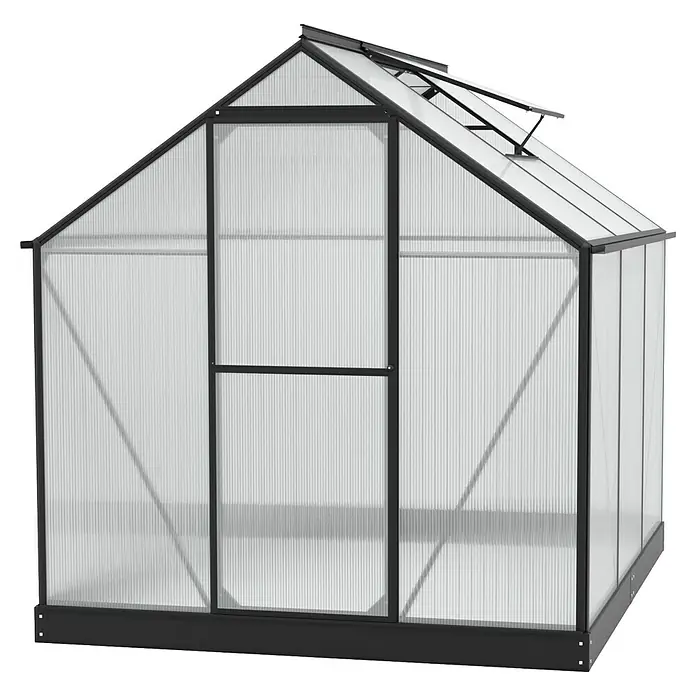 Vitavia Gewächshaus Eos 4600 - 6 mm, Schwarz - Ein geräumiges Gewächshaus mit schwarzem Rahmen und transparenten Paneelen bietet Platz für Pflanzen und Gemüse. Die Belüftungsfenster sorgen für optimale Bedingungen.