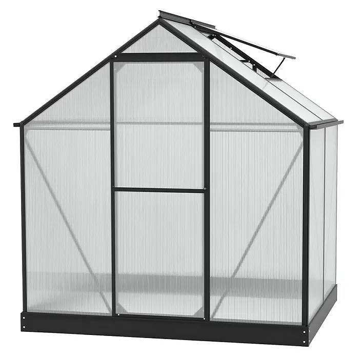 Vitavia Gewächshaus Eos 3100 - 4 mm - Ein geräumiges Gewächshaus mit robustem, schwarzem Rahmen und transparenten Paneelen, ideal für Gartenliebhaber.