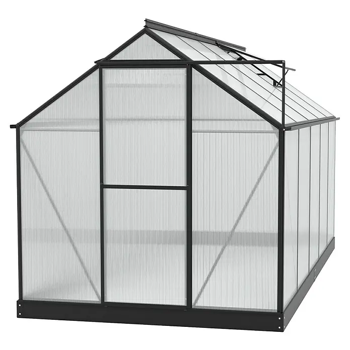 Vitavia Gewächshaus Eos 7500 - 7 mm - Ein geräumiges Gewächshaus mit schwarzem Rahmen und transparenten Paneelen, ideal für den Garten.