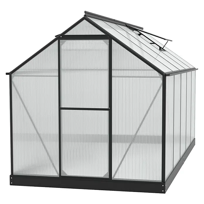 Vitavia Gewächshaus Eos 7500 - 7 mm - Ein modernes Gewächshaus mit transparenten Wänden und einem schwarzen Rahmen, ideal für den Gartenanbau.