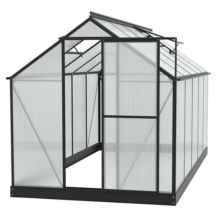 Vitavia Gewächshaus Eos 7500 - 7 mm - Das Bild zeigt ein Gewächshaus mit geöffneter Tür, das zum Anbau von Pflanzen und Gemüse im eigenen Garten geeignet ist.