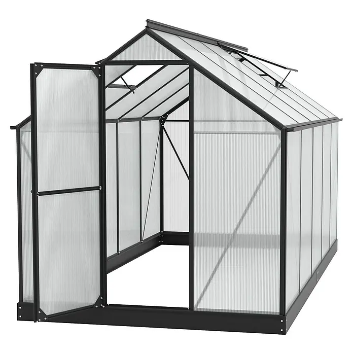 Vitavia Gewächshaus Eos 7500 - 7 mm - Abbildung eines modernen Gewächshauses mit geöffneter Tür, das die robuste Bauweise und die transparenten Wände hervorhebt.