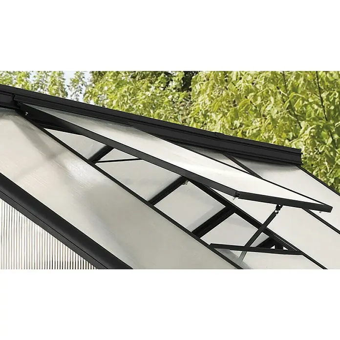 Vitavia Gewächshaus-Dachfenster Eos/Pluto - L x B x H: 66,7 cm x 73,5 cm x 30 mm, Schwarz - Detailaufnahme eines Gewächshausfensters mit schwarzem Rahmen und durchsichtigen Paneelen, das zur Belüftung geöffnet ist.