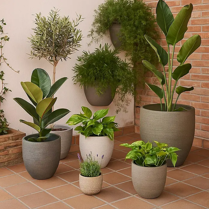 Mica Decorations Cubremaceta redondo Carrie - Dimensiones externas (Ø x Al): 29 x 26 cm, Champan metálico, Materiales naturales - Colección de diversas plantas de interior en maceteros elegantes, creando un ambiente natural y relajante con la diversidad.