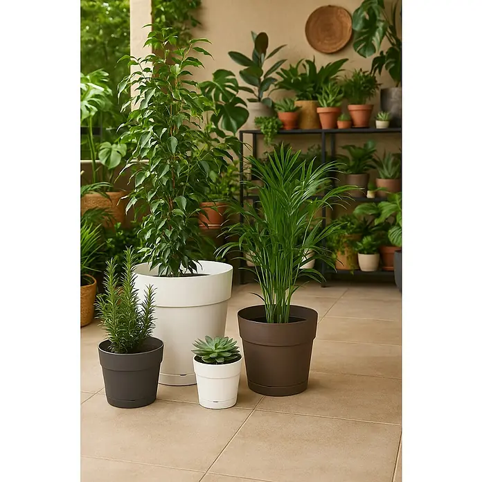 Deroma Save Maceta para planta - Dimensiones externas (Ø x Al): 29 x 26,3 cm, Plástico, Blanco - Una colección de varias plantas de interior en macetas de diferentes tamaños, dispuestas en un balcón o terraza alicatada.