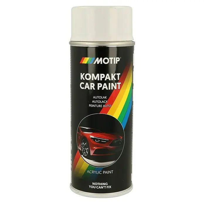 Motip Sprühlack Kompakt - 45310 Weiss-Grau, Glänzend, 400 ml - Eine Dose Motip Kompakt Autolack, ein Acryllack für Autoreparaturen, mit einem Bild eines roten Autos auf der Dose.
