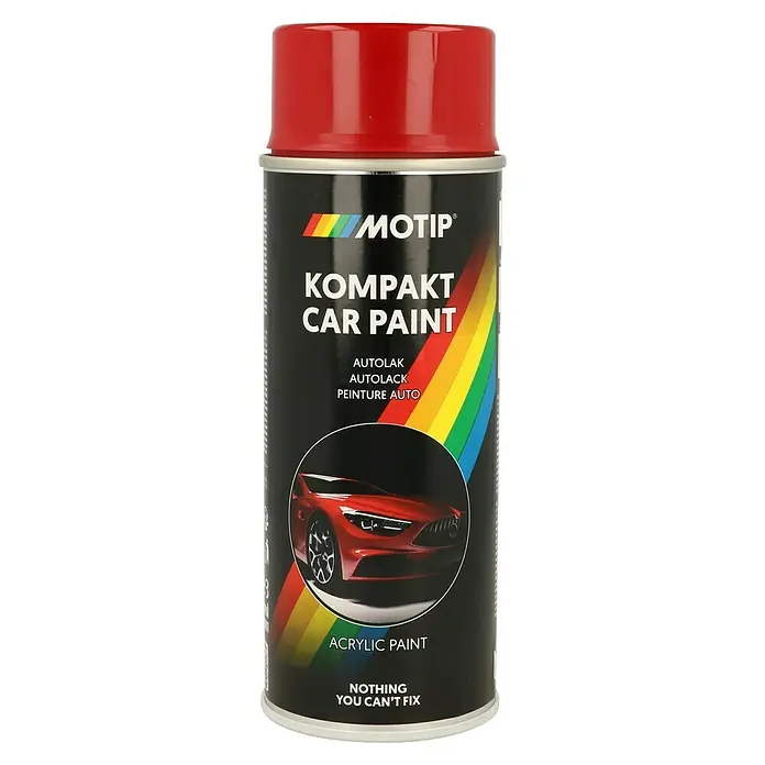 Motip Sprühlack Kompakt - 41400 Rot, Glänzend, 400 ml - Eine Dose roter MOTIP Kompakt Autolack mit der Aufschrift "Nothing You Can't Fix" und einem Bild eines roten Autos.