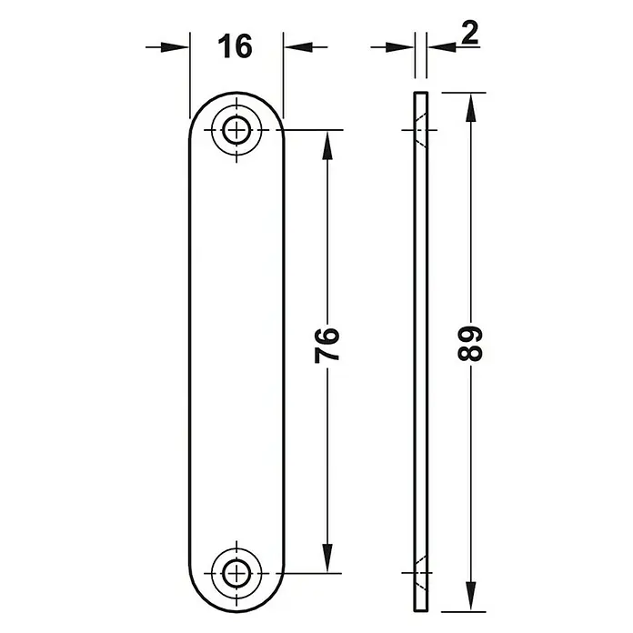 Suki Cierre magnético - Fuerza de adherencia: 8 kg, An x Al: 15,6 x 86 mm, Zinc fundido - Imagen de una placa plana y alargada con extremos redondeados y dos orificios de montaje. La placa tiene un grosor de 2 mm, 16 mm de ancho y 89 mm de largo.