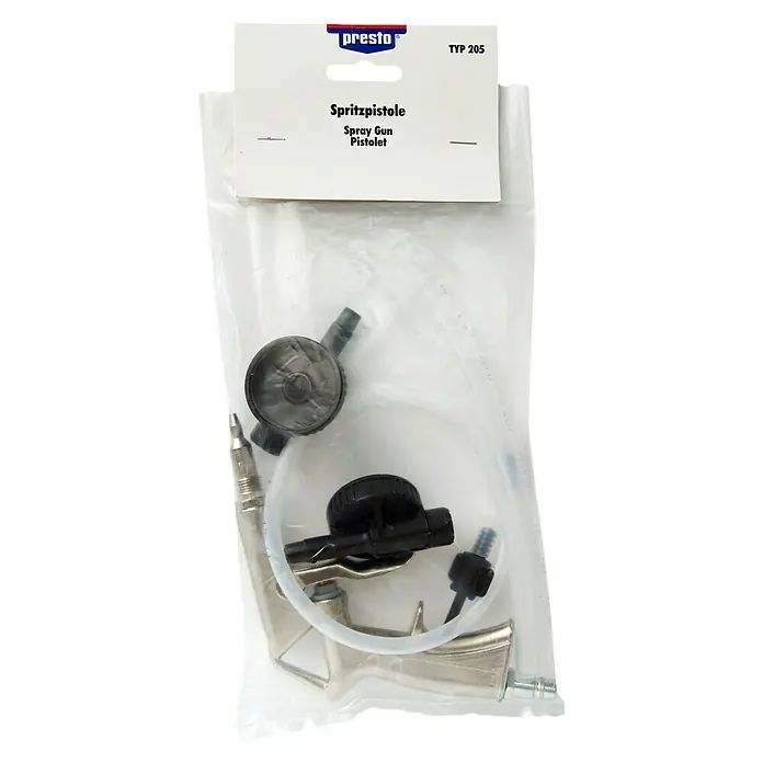 Presto Spritzpistole Modell 205 - Passend für: 1 Liter Dosen Presto Unterboden- und Hohlraumschutz - Das Presto Spritzpistolen-Set TYP 205 in Originalverpackung, ideal für diverse Sprüharbeiten.