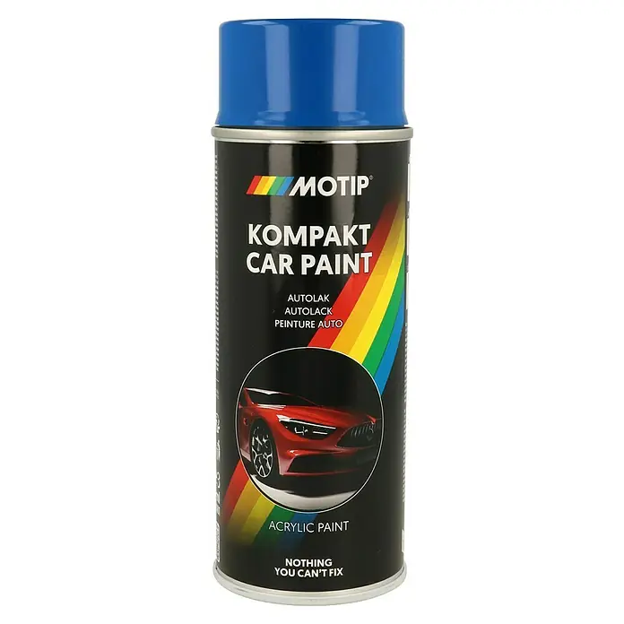 Motip Sprühlack Kompakt - 44930 Blau, 400 ml - Sprühdose mit blauem Deckel und Aufschrift "Kompakt Car Paint" der Marke Motip. Ideal für Autolackierungen und -reparaturen.