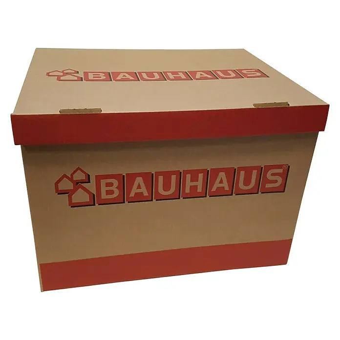 BAUHAUS Ordner-Archiv-Box Set - 2 Stk., L x B x H: 397 x 320 x 288 mm, Wellkarton - Ein brauner Bauhaus-Lagerkarton mit rotem Akzent auf dem Deckel und dem Boden. Der Bauhaus Schriftzug ist deutlich sichtbar.