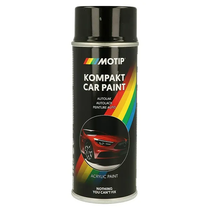 Motip Sprühlack Kompakt - 51022 Grau Metallic, 400 ml - Schwarze Spraydose mit der Aufschrift "MOTIP KOMPAKT CAR PAINT" und einem Bild eines Autos.