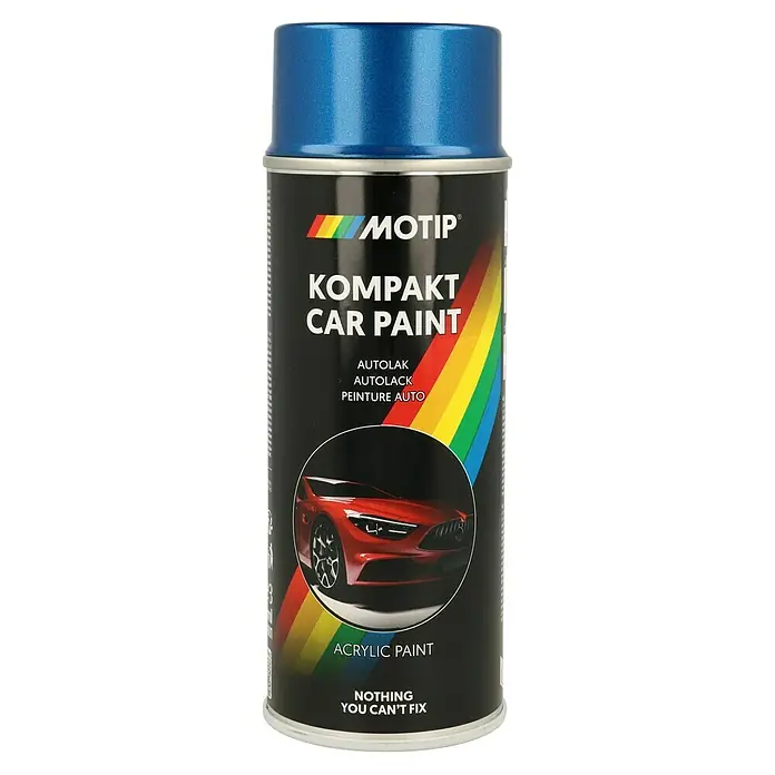 Motip Sprühlack Kompakt - 53930 Blau Metallic, 400 ml - Sprühdose Motip Kompakt Car Paint, Autolack in leuchtendem Blau mit mehrsprachiger Beschriftung und Abbildung eines roten Autos.