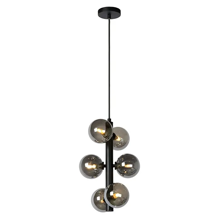 Lucide Tycho Pendelleuchte - L x B x H: 25,5 x 25,5 x 150 cm, Schwarz - Hängeleuchte mit sechs rauchfarbenen Glaskugeln an einer schwarzen Stange, modernes Design für stilvolle Beleuchtung im Raum.
