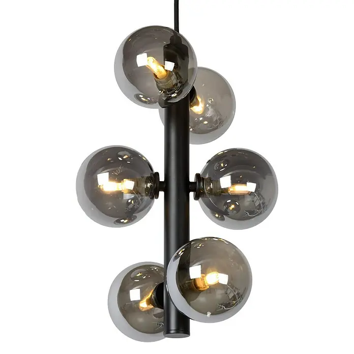 Lucide Tycho Pendelleuchte - L x B x H: 25,5 x 25,5 x 150 cm, Schwarz - Modernes Pendelleuchte mit grauen Glaskugeln und einem schwarzen Stab. Die Lampe spendet warmes Licht und ist ein echter Hingucker.