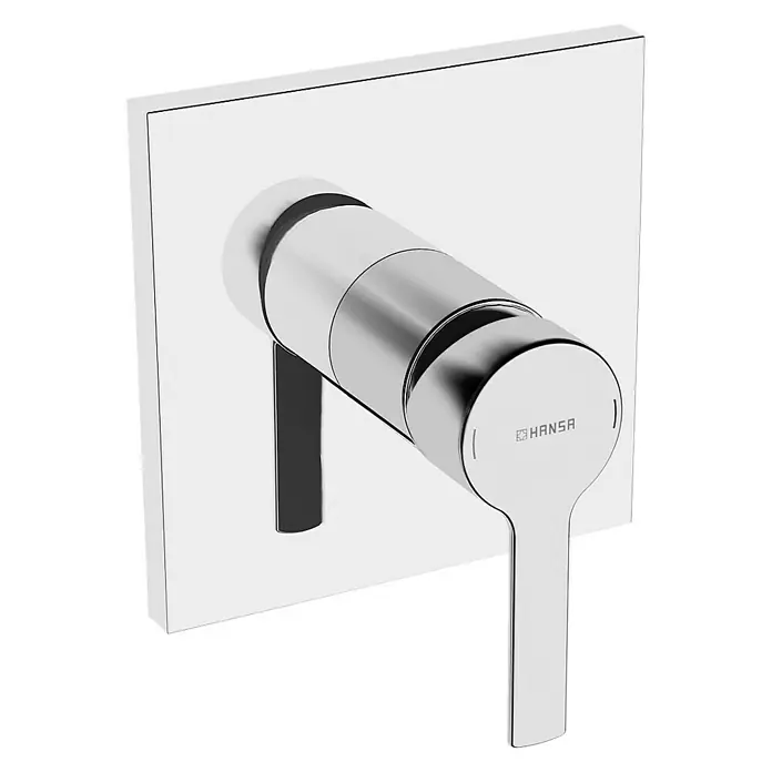 Hansa Ronda UP-Brausearmatur - Chrom, Glänzend, Eckig - Nahaufnahme eines quadratischen Hansa-Wandarmatur mit glänzender Chromoberfläche und minimalistischem Design für moderne Badezimmer.