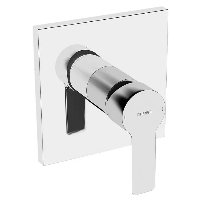 Hansa Ligna UP-Brausearmatur - Chrom, Glänzend, Eckig - Nahaufnahme einer verchromten HANSA Armatur mit quadratischer Rosette und Hebel zur Wassermischung.