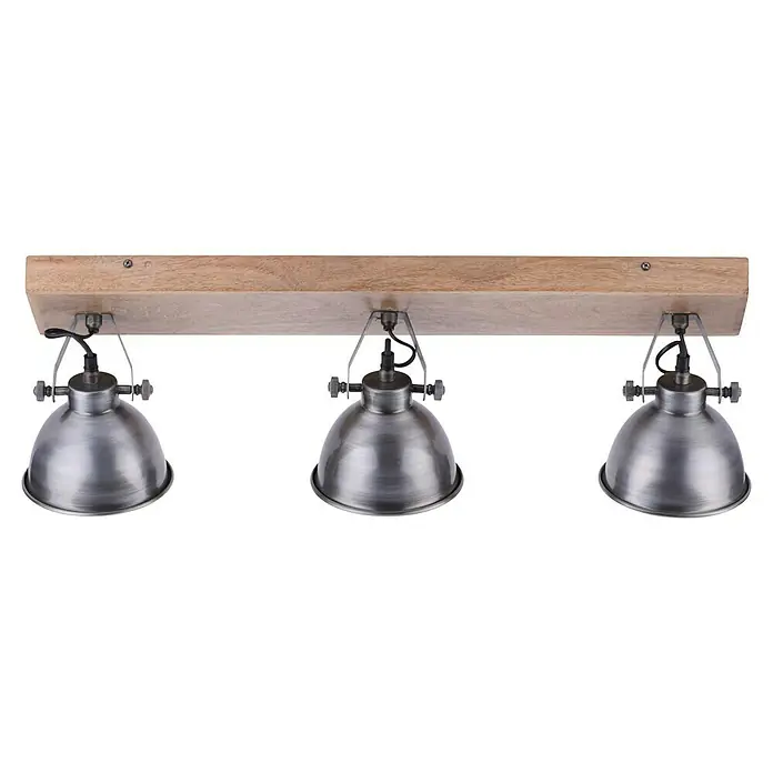Just Light Samia Deckenstrahler - 120 W, L x B x H: 71 x 16 x 22,5 cm, Eisen, Braun, E14 - Eine rustikale Deckenleuchte mit drei silberfarbenen Lampenschirmen an einer Holzleiste.