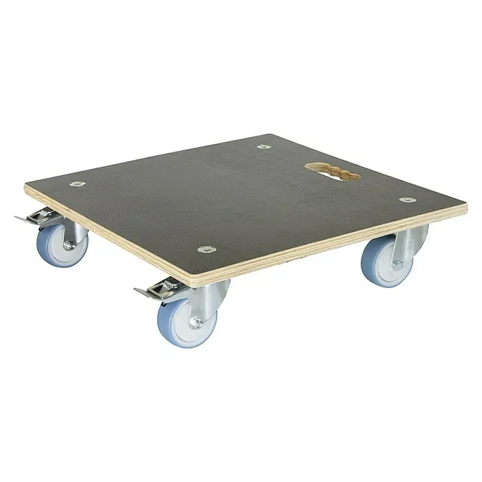 Wagner System Pflanzenroller MaxiGrip - L x B x H: 48 x 48 x 13 cm, Holz, Braun, Max. Belastung: 300 kg - Dieses Bild zeigt einen Transportroller mit einer schwarzen Platte, der auf vier Rollen montiert ist und einen praktischen Griffausschnitt besitzt.