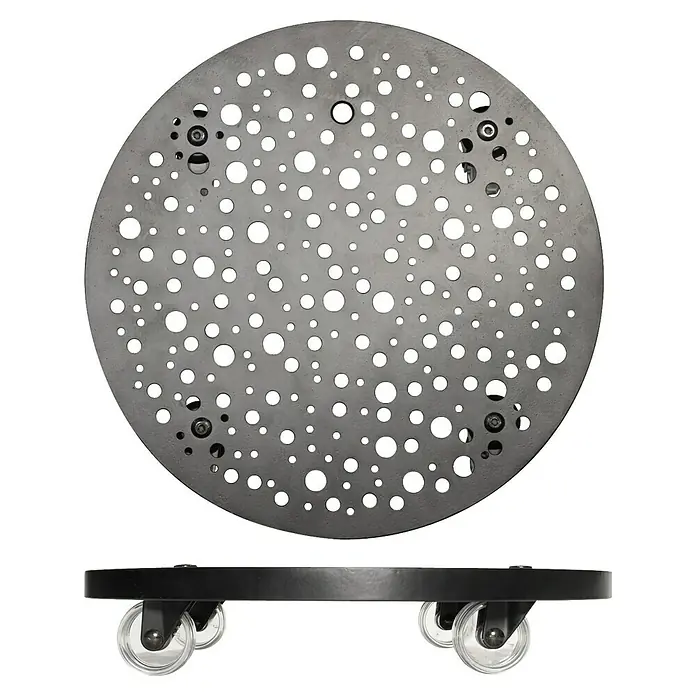 Wagner System Pflanzenroller Steel Retro - Stahl, Schwarz, Max. Belastung: 50 kg - Bild einer runden, gelochten Platte auf Rollen. Ideal für den Transport schwerer Gegenstände, robust und vielseitig einsetzbar.