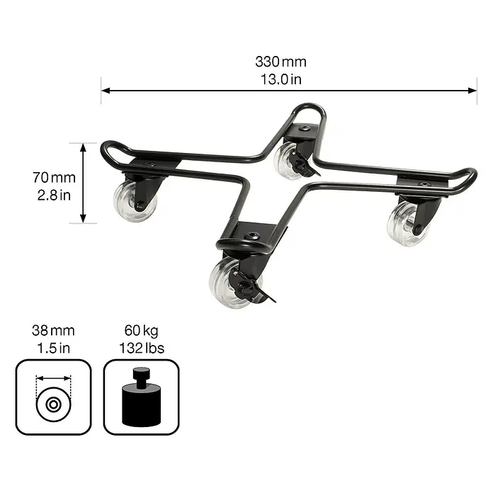 Wagner System Pflanzenroller Draht - L x B x H: 33 x 33 x 7 cm, Stahl, Schwarz, Max. Belastung: 60 kg - Abbildung eines schwarzen Geräte Rollwagens mit transparenten Rollen und Maßangaben.