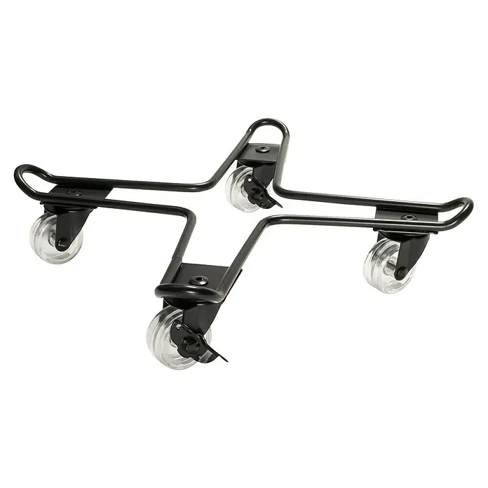 Wagner System Pflanzenroller Draht - L x B x H: 33 x 33 x 7 cm, Stahl, Schwarz, Max. Belastung: 60 kg - Eine Nahaufnahme von einem Satz von vier Rollen, die an einem schwarzen Metallrahmen befestigt sind. Die Rollen sind transparent.