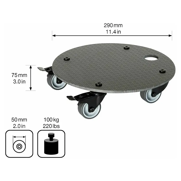 Wagner System Pflanzenroller HPL Black GH0629 - Schwarz, Max. Belastung: 100 kg - Abbildung eines runden Möbelrollers mit metrischen Maßangaben, der bis zu 100 kg tragen kann.