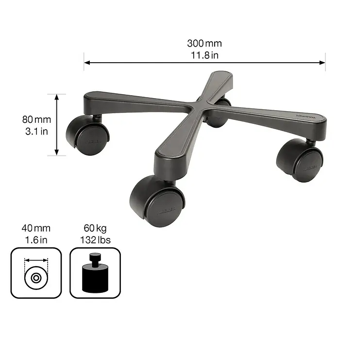 Wagner System Pflanzenroller Cross - Aluminium, Schwarz, Max. Belastung: 60 kg - Bild einer Rollenbasis für Bürostühle, Maße sind 300mm breit und 80mm hoch, Rollendurchmesser 40mm, maximale Belastung 60kg.