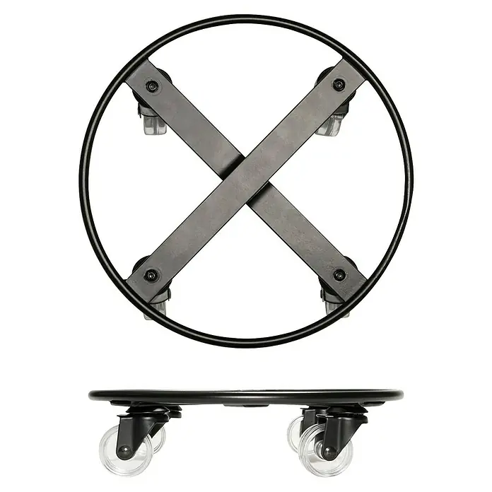 Wagner System Pflanzenroller Skelett Small - Stahl, Schwarz, Max. Belastung: 60 kg - Drehbare Pflanzenroller-Ansicht von oben und von der Seite. Die Rollen des Pflanzenrollers sind aus transparentem Kunststoff.